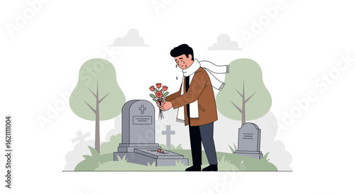 Grieving Man Offers Flowers To Grave At Cemetry Site Illustration