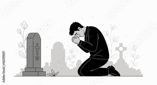 Grieving Man Praying At Cemetery For Deceased Soul With Headstone