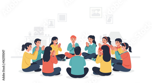 Group meditation circle promotes mindfulness and inner peace in a modern setting