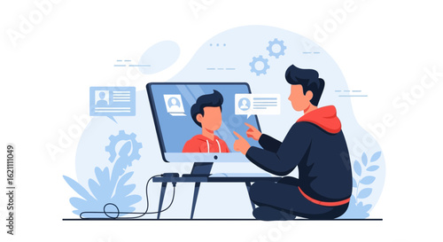 Illustration showcasing remote communication and online collaboration technology tools used for virtual meetings and teamwork