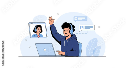 Illustration showcasing online communication through video call and messaging features