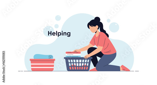 Illustration showing a woman organizing clean laundry with baskets in light environment