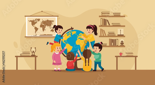 Illustrative children exploring the world globe in a classroom environment together