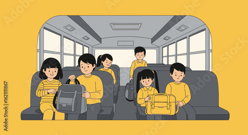 Illustrative depiction of cheerful students riding inside a school bus with backpacks