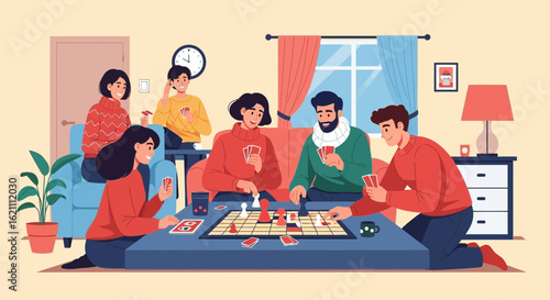 Illustrative depiction of family spending quality time together playing board games at home indoors