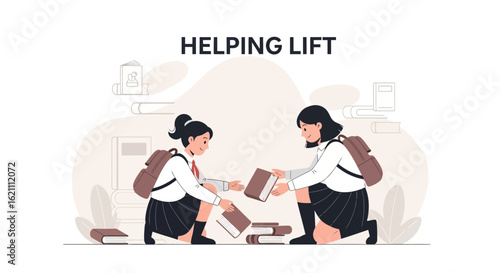 Illustrative Depiction Of Girl Students Helping Each Other By Sharing Books
