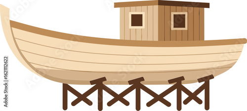 Wooden boat on stilts with cabin vector illustration in simple flat style for nautical design and marine themes