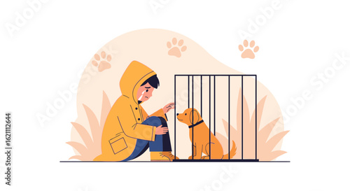Heartbroken boy with caged puppy expresses the sadness of animal abandonment and loss hoping for adoption