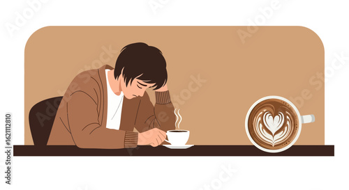 Illustrative portrayal of a young man experiencing sorrow and seeking solace in coffee