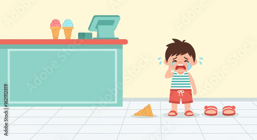 Heartbroken Summer Day Boy Crying Over Spilled Ice Cream Cartoon Illustration