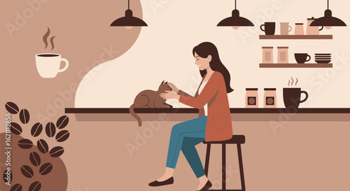 Illustrative scene depicting a woman and her cat in a cozy coffee shop ambience