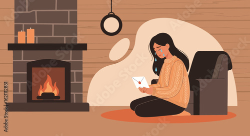 Heartbroken woman crying while reading a letter by the fireplace in a cozy room illustration