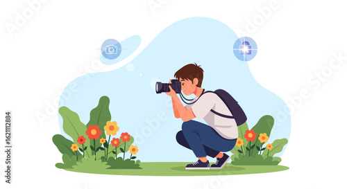 Illustrative scene featuring a photographer capturing nature with a camera outdoors