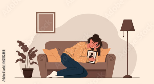Heartbroken Woman Grieving Loss While Holding A Picture Frame