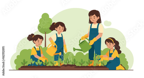 Illustrative scene of a family gardening together in a sunny backyard environment