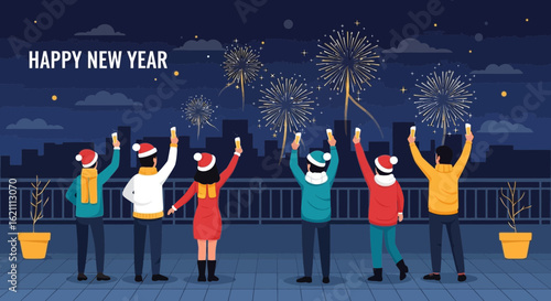 Group of friends celebrating New Year's Eve with fireworks display at rooftop party