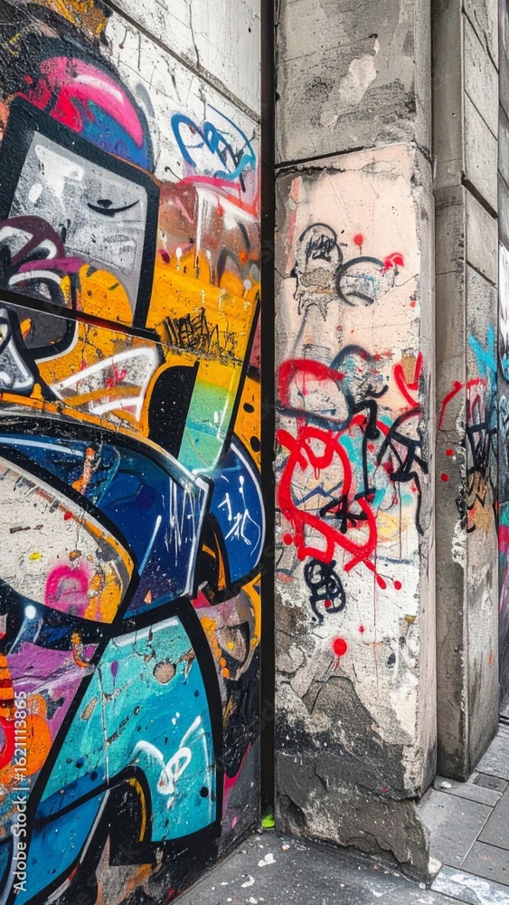 Obraz premium Colorful Graffiti on Concrete Blocks Featuring a Textured Urban Landscape
