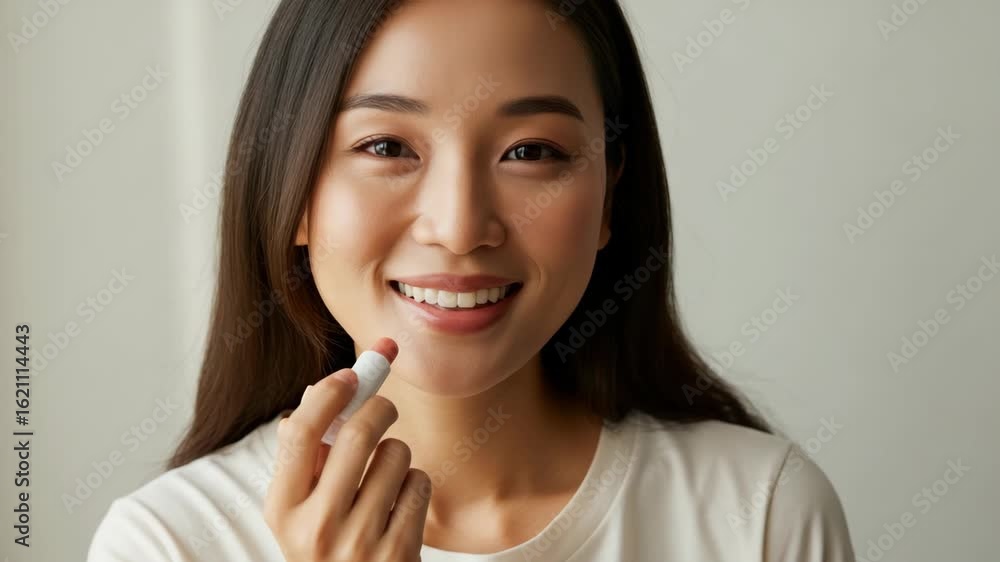 Woman applying lip balm Woman applying lip balm