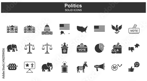 US politics and American government solid icon set. Vector glyph symbols for elections, law, and political campaigns in the USA.

