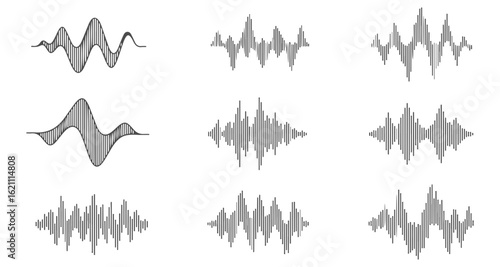 Music equalizer and audio spectrum analyzer graphics. Set of soundwave patterns for DJ logos, podcast backgrounds, and music production visuals.

