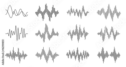 Sound wave and audio signal icon set. Vector collection of music equalizer waveforms, voice frequency lines, and abstract sound vibrations.

