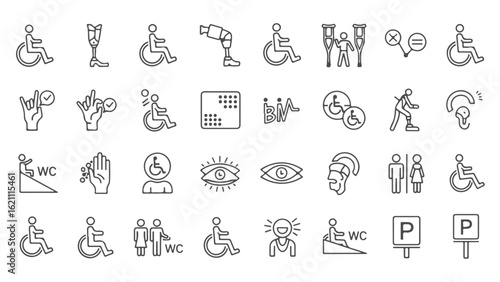 Disability and accessibility line icon set. Vector collection of symbols for disabled access, including wheelchair, prosthetic, blind, and deaf signs for public information.

