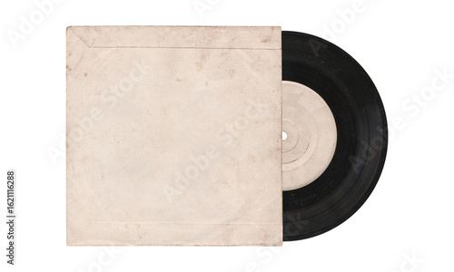 a 7 inch format vinyl record mockup isolated on transparent background, disc inside the sleeve and with empty space for music cover design	