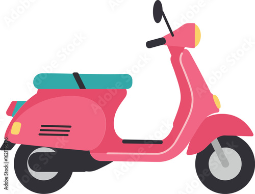 Pink Vintage Scooter Vector Illustration with Blue Seat and Black Tires for Urban Transport and Lifestyle Design
