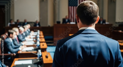 Man in suit, back view, addresses a congressional hearing
