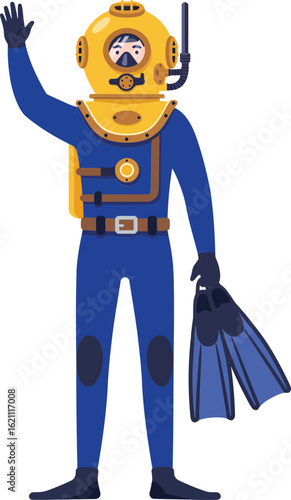 Diver in vintage deep sea diving suit holding flippers and waving hand vector illustration for underwater exploration and marine adventure