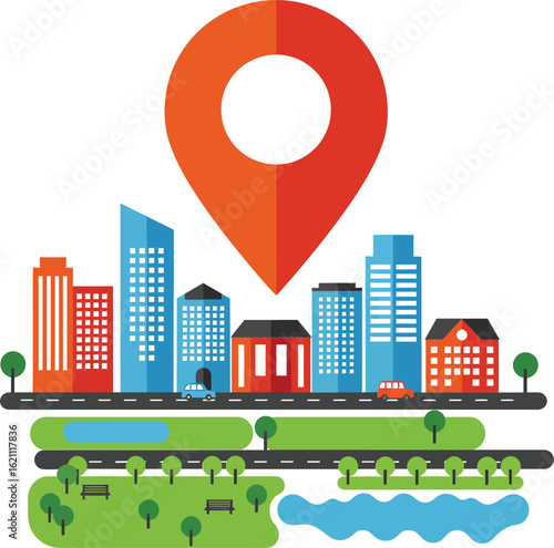 Urban cityscape with location pin marker and green park landscape vector illustration for modern navigation and mapping design
