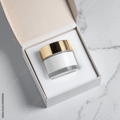 White Cosmetic Cream Jar with Golden Lid in Open Box on Marble Background