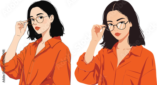 Woman wearing orange shirt and eyeglasses adjusting frames with confident expression vector illustration