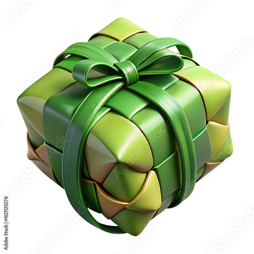 Green ketupat gift box with ribbon isolated on transparent background