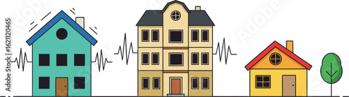 Colorful houses with sound waves and tree vector illustration in simple modern style