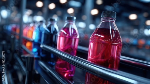 Wallpaper Mural Bottles of colored liquid move along a vibrant recycling conveyor in an industrial facility, highlighting sustainable waste management processes. Torontodigital.ca