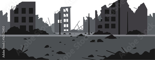 Ruined urban buildings destroyed city landscape abandoned war damage gray tones vector illustration