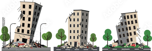 Collapsed building vector set showing destruction and debris in urban environment with trees and streetlights