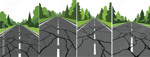 Cracked asphalt road with green trees on both sides showing progressive damage and deterioration vector illustration
