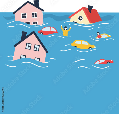 Flood disaster vector with submerged houses flooded cars and people struggling in rising water natural calamity emergency scene