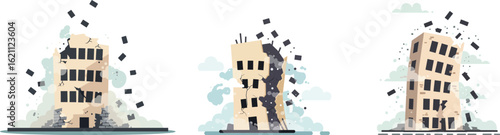 Collapsing building vector illustration showing structural damage and destruction in urban environment with debris flying around