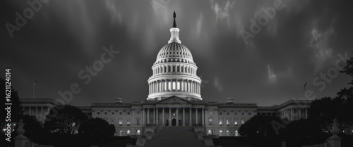 Dramatic night view of the u.S. Capitol building washington d.C. Black and white photography urban environment iconic structure
