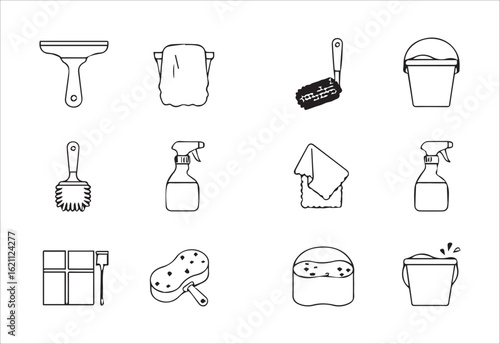 Cleaning supplies icons set bucket sponge brush spray bottle towel squeegee window cleaner