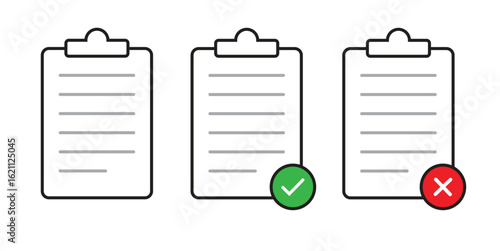 clipboard checklist icon set with approval and rejection symbols in flat style for tasks, reports, and evaluations