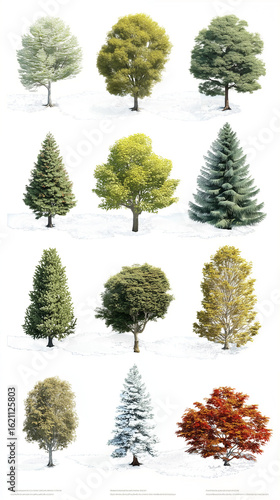 A dynamic series of axonometric tree visualizations, shot from a conceptual bird's eye view. Each tree floats gently, creating a hovering effect without any grounding elements - perfect for schematic 