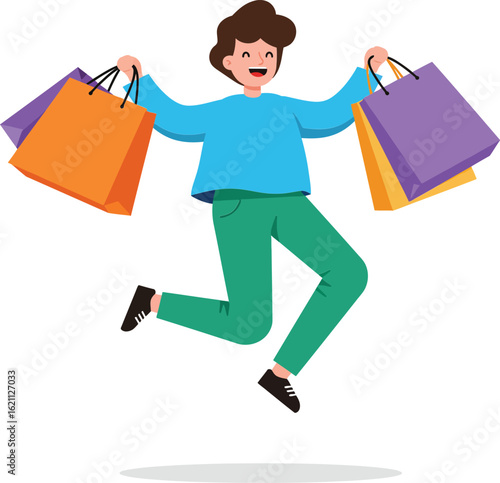 Happy young man jumping with colorful shopping bags in casual clothes vector illustration