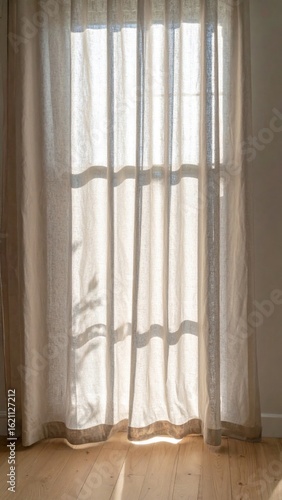 Sunlight Filtering Through Beige Sheer Curtains Hanging Over a Window Indoor
