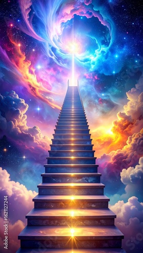 Stairway to Heaven with Ethereal Light and Colorful Clouds in Galaxy Background
