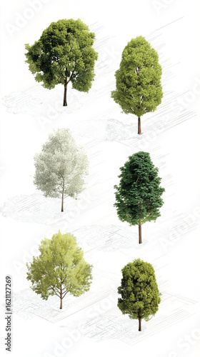 A dynamic series of axonometric tree visualizations, shot from a conceptual bird's eye view. Each tree floats gently, creating a hovering effect without any grounding elements - perfect for schematic 