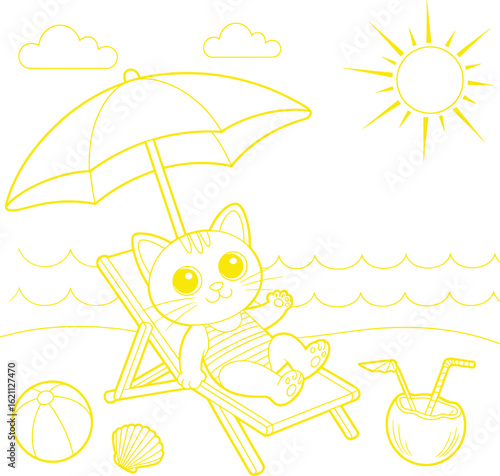 Cat relaxing on beach chair under umbrella with coconut drink and beach ball vacation summer